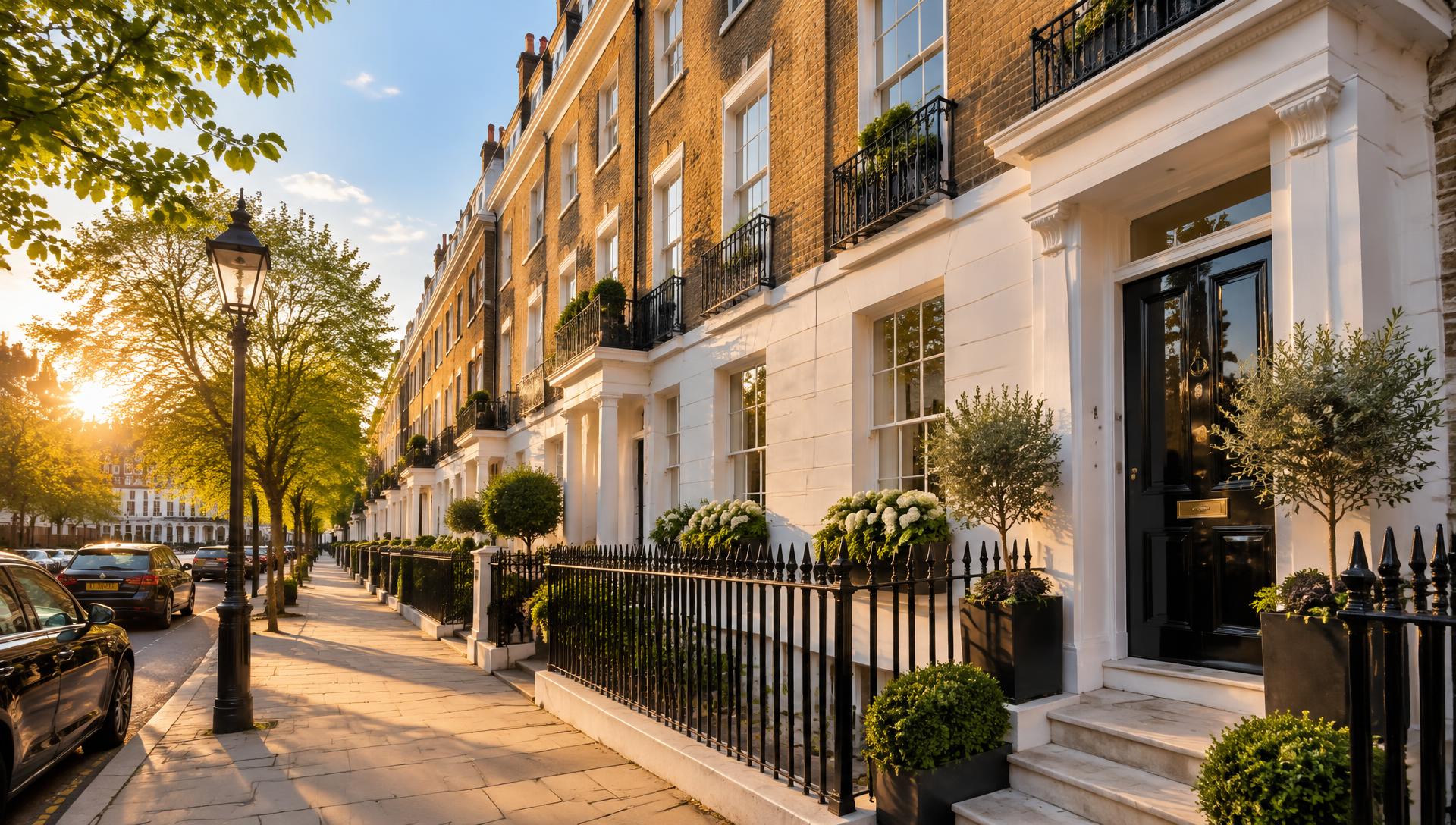 Georgian London townhouse terrace at dusk