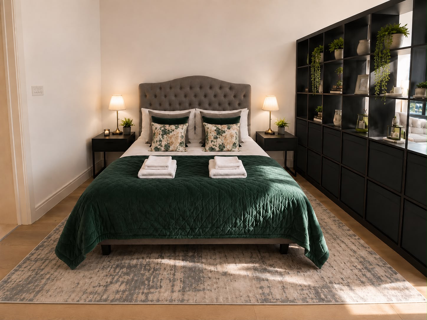 Double bed with tufted headboard, green velvet throw and bedside lamps