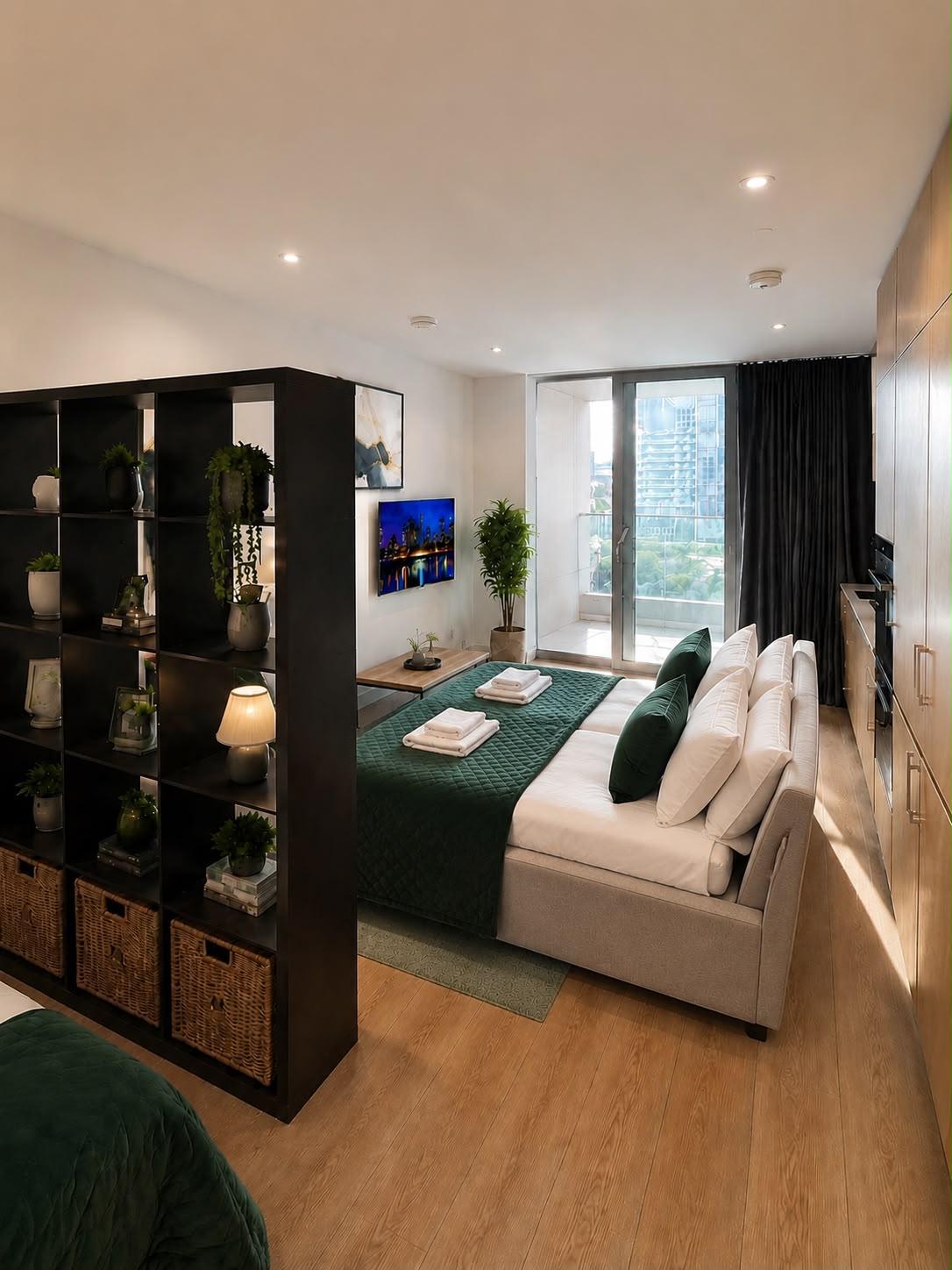 Studio bed and living space with floor-to-ceiling glass doors to a private balcony
