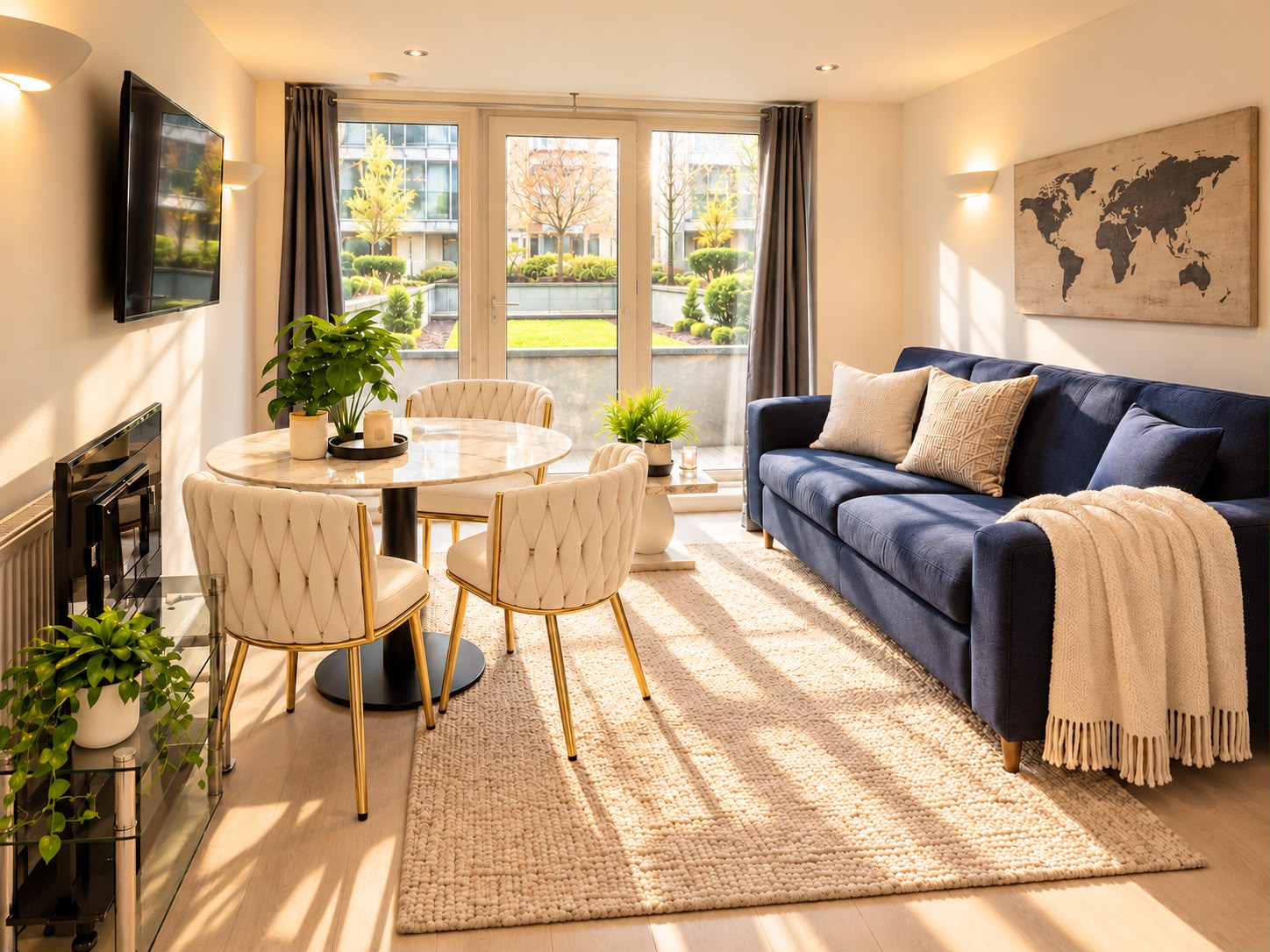 Bright living and dining area with wall-mounted TV and garden views