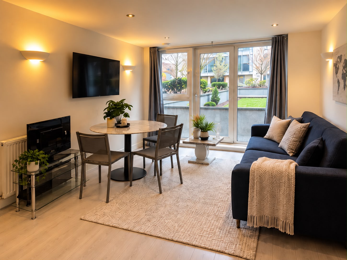 Living area with full-height patio doors opening onto landscaped grounds