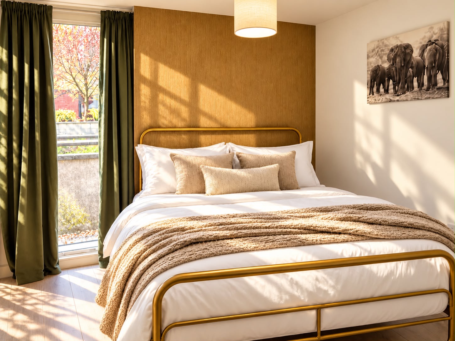 Double bedroom with brass bed frame, olive drapes and wood accent wall