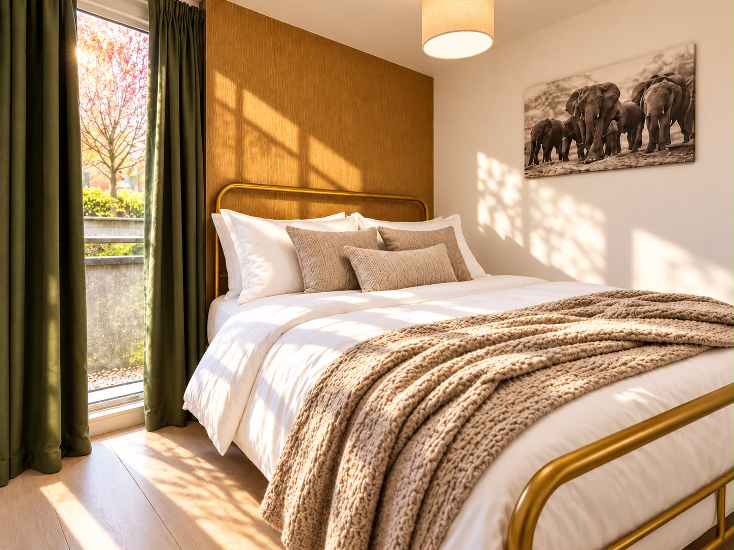 Double bed with textured throw and cushions in warm afternoon light