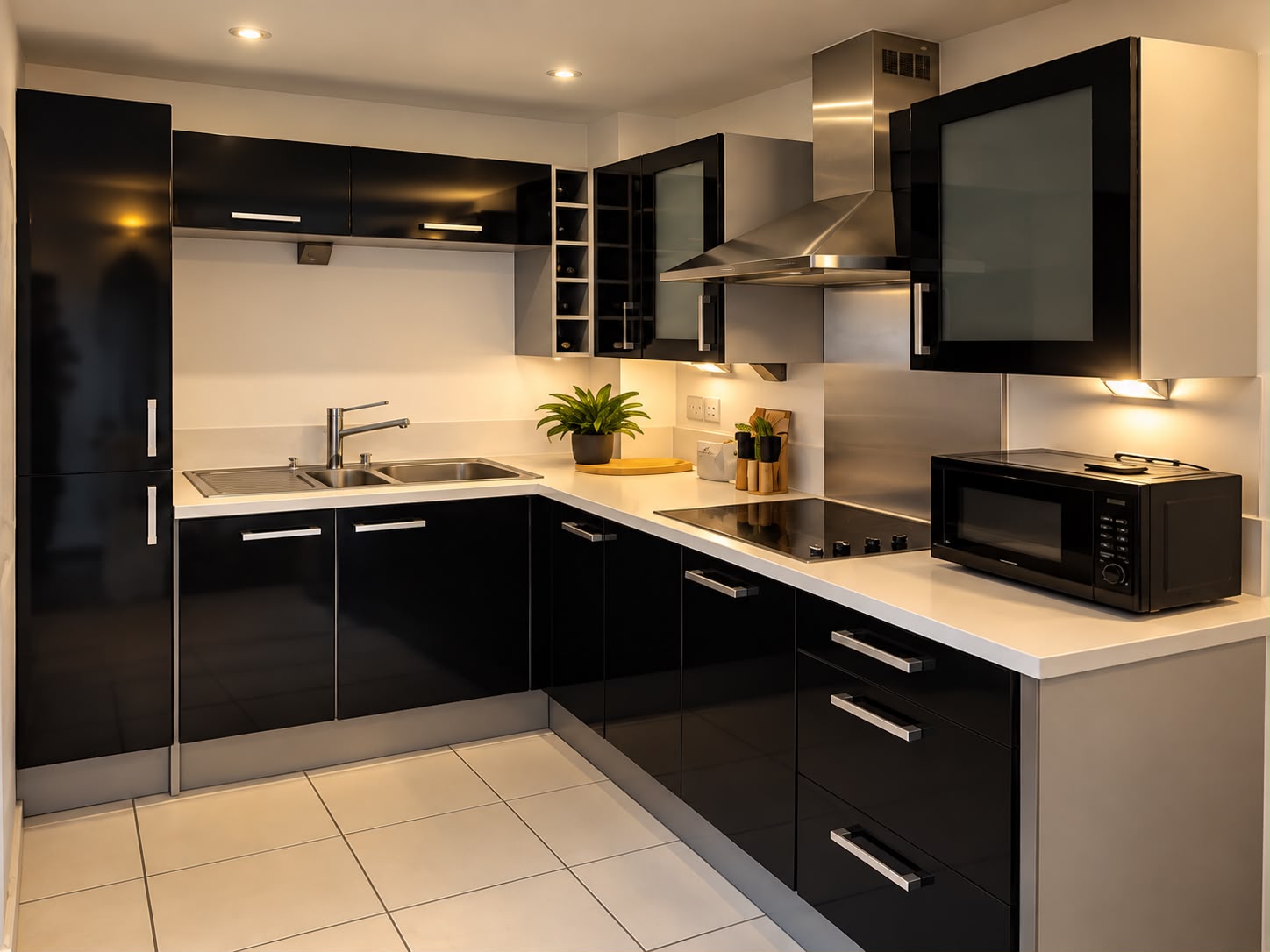 Kitchen with glossy black cabinets, oven, hob and microwave