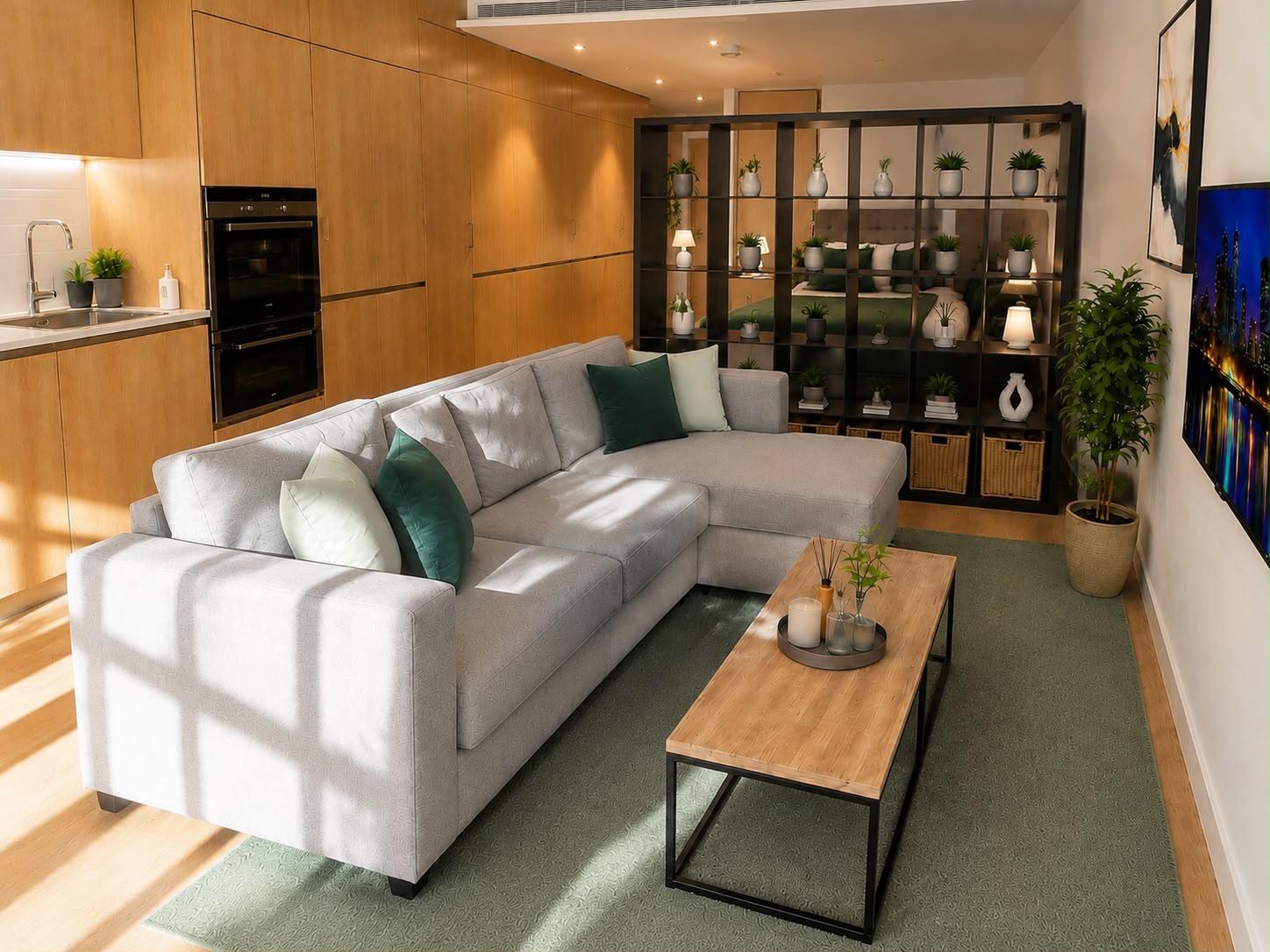 Open-plan living area with corner sofa, coffee table and fitted kitchen