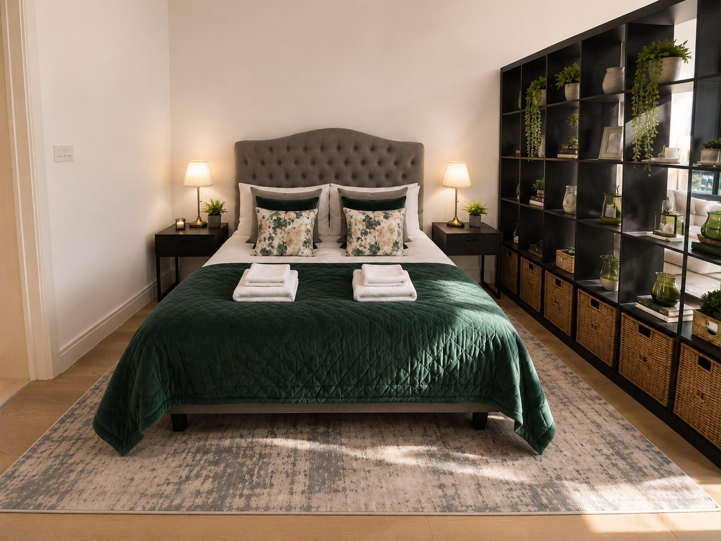 Double bed with green accents beside the black shelving divider