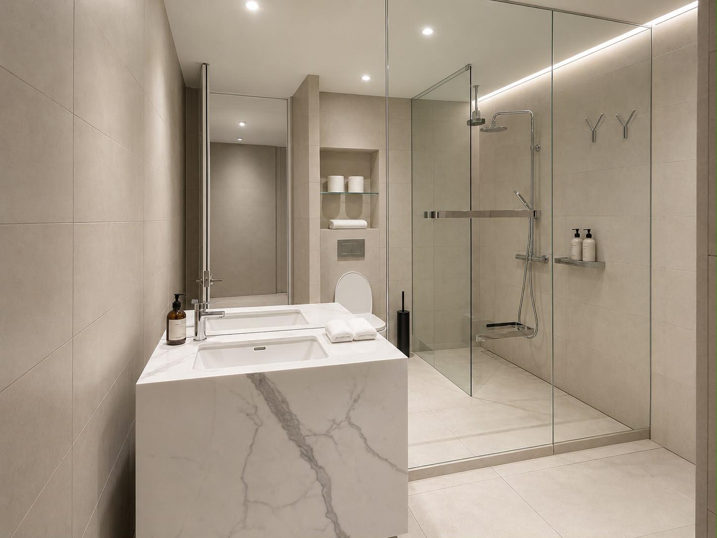 Modern bathroom with marble-effect vanity and walk-in rain shower