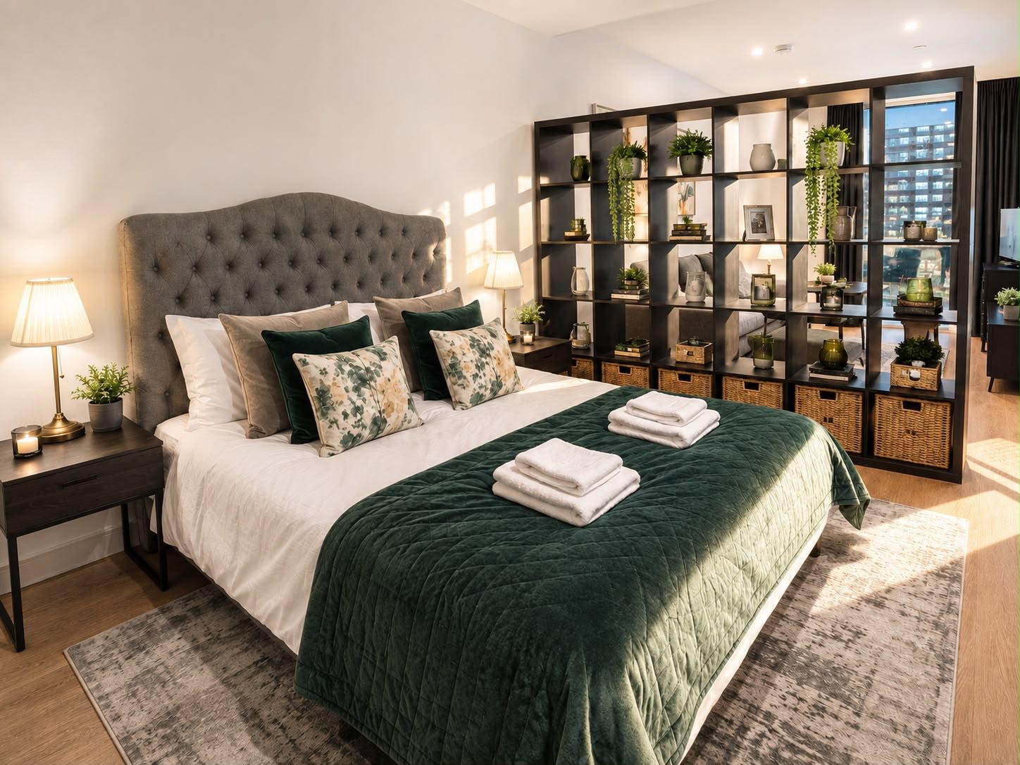 Sleeping area behind an open shelving room divider with woven storage baskets